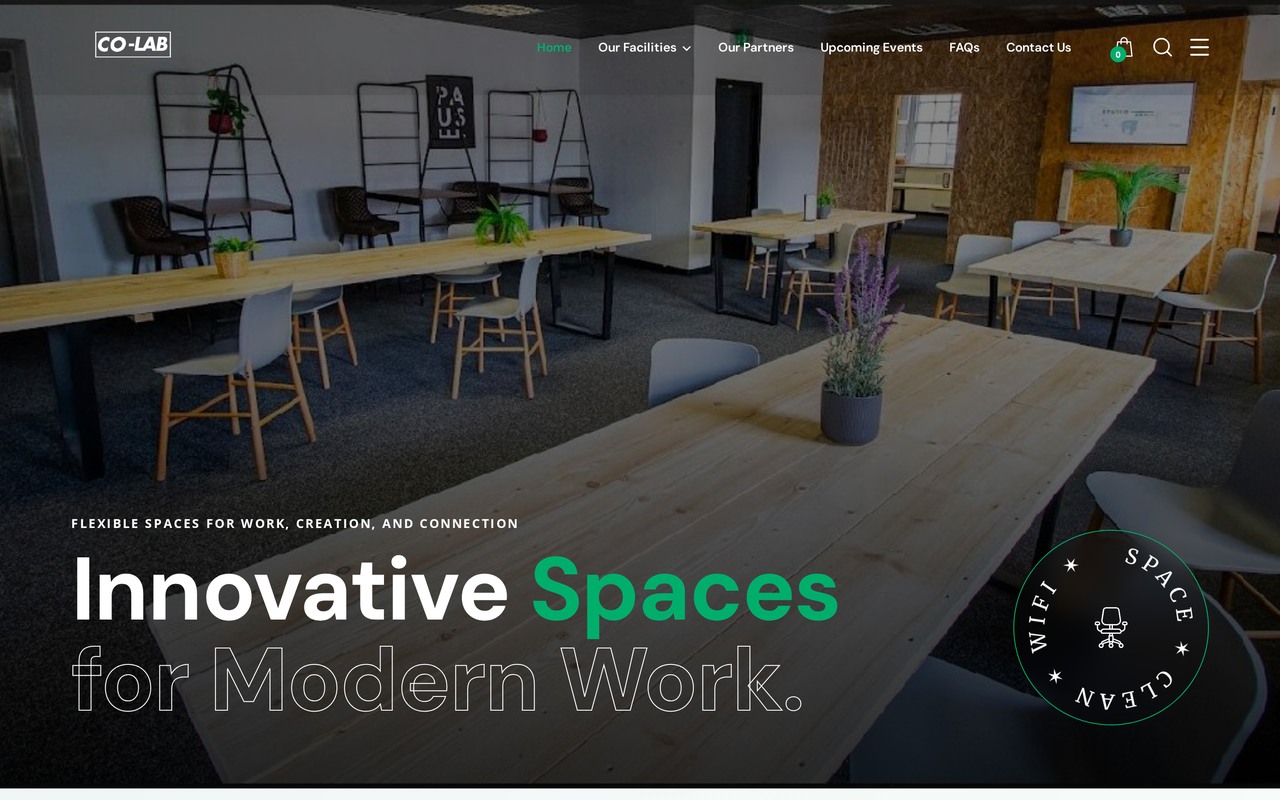 Desktop view of the Co-Lab Creative Space (Coworking & Events) website designed by Uptop Digital UK