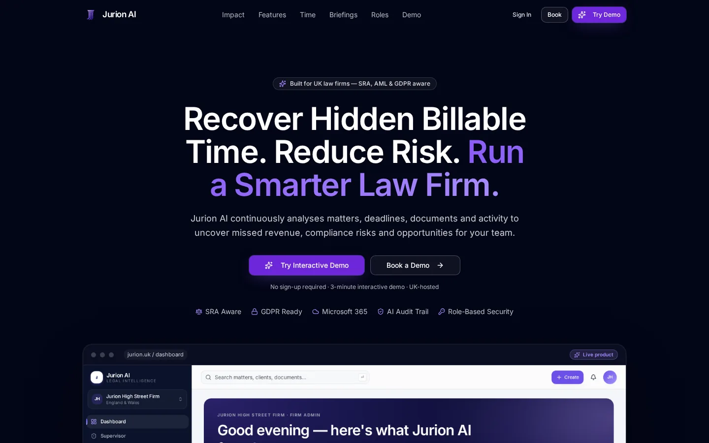 Jurion AI — landing page with dashboard preview