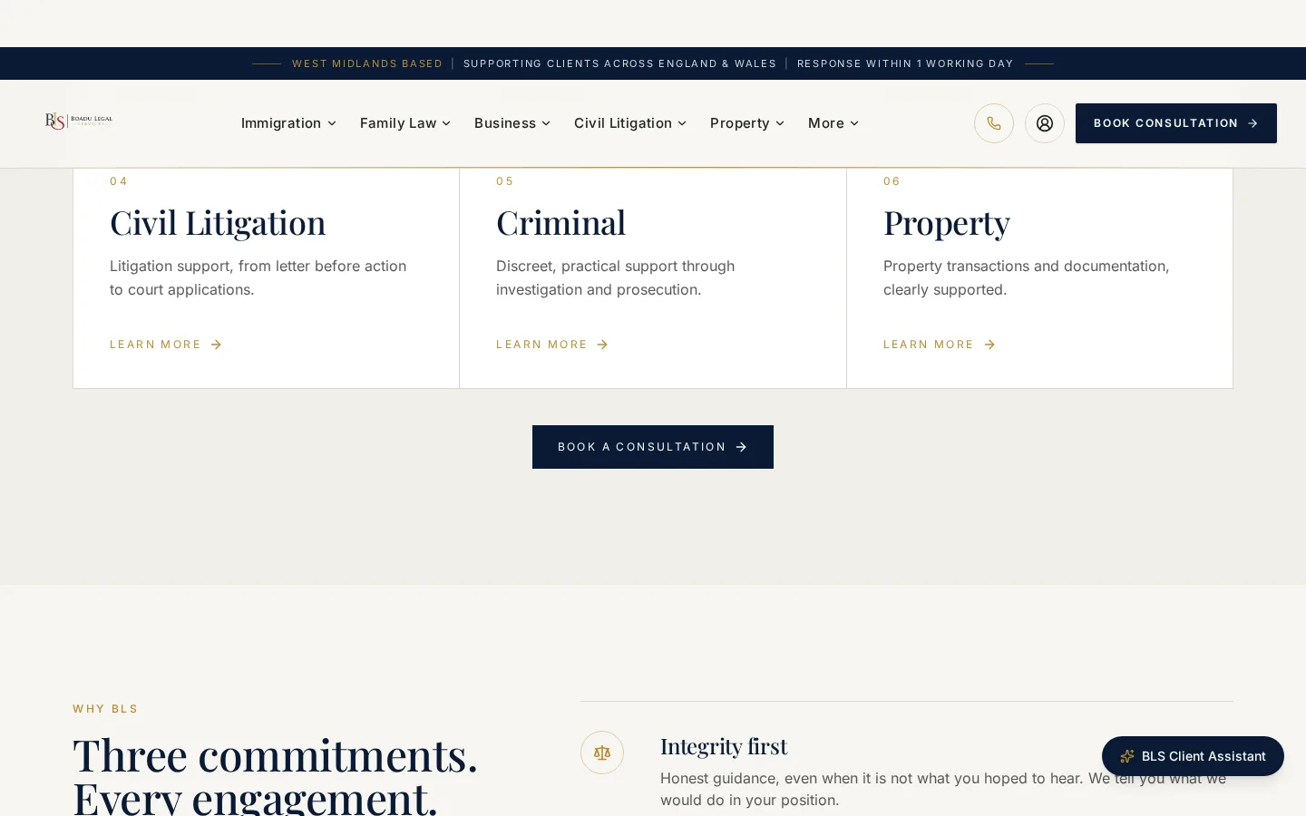 The Boadu Legal Services practice area cards, laid out on the homepage.