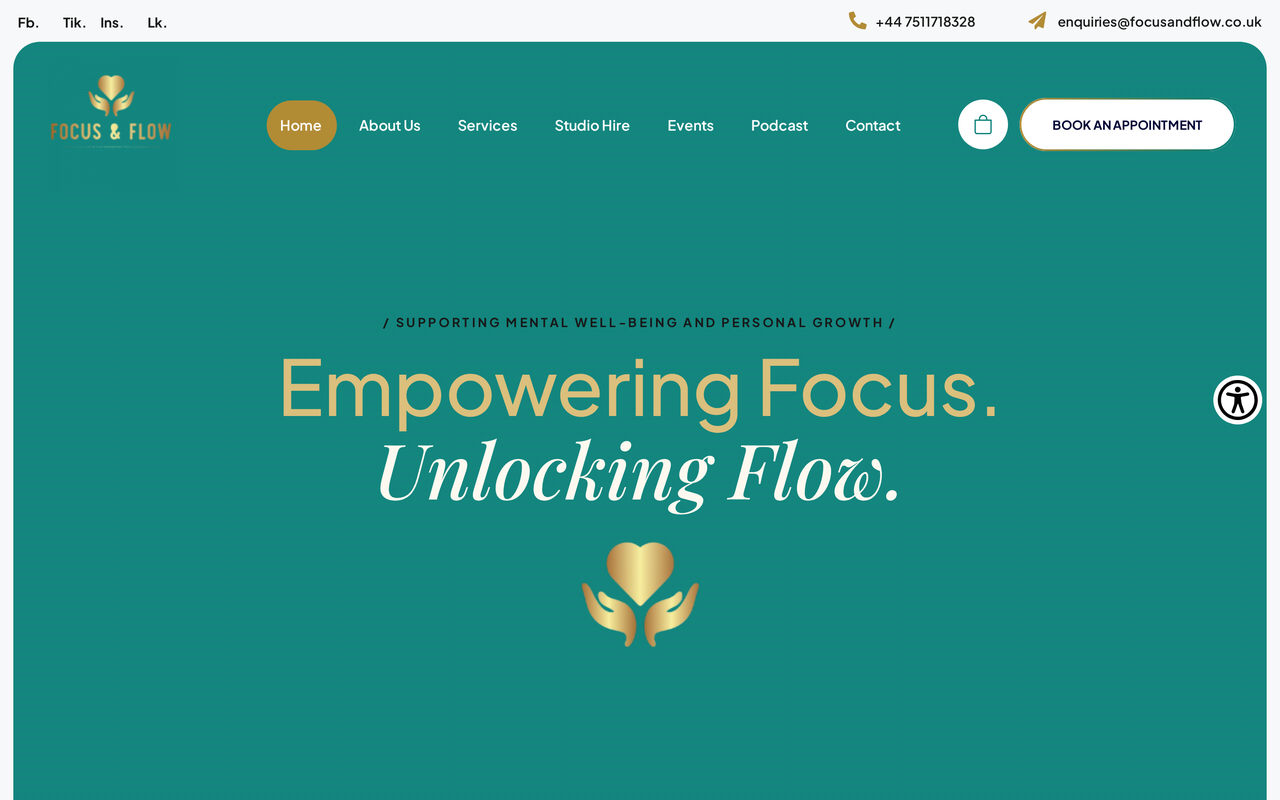 Desktop view of the Focus & Flow CIC (Community Interest Company) website designed by Uptop Digital UK