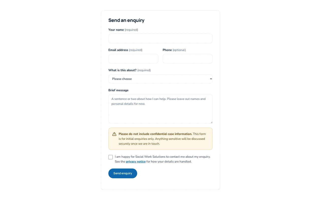 Screenshot of the Send an enquiry form with empty fields and a confidentiality warning