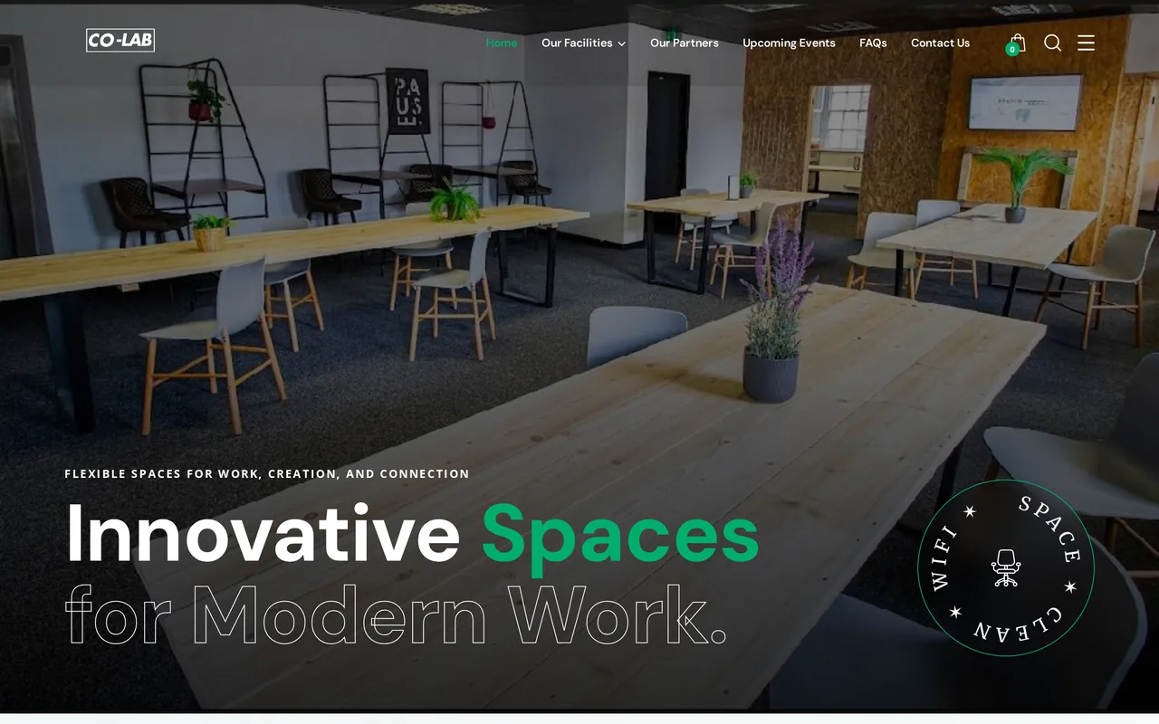 Co-Lab Creative Space homepage. A coworking, podcast and photography hub, rebuilt around the booking journey.