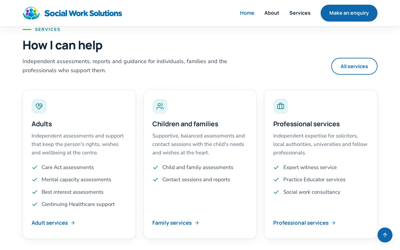 Homepage section with three service cards for adults, children and families, and professional services