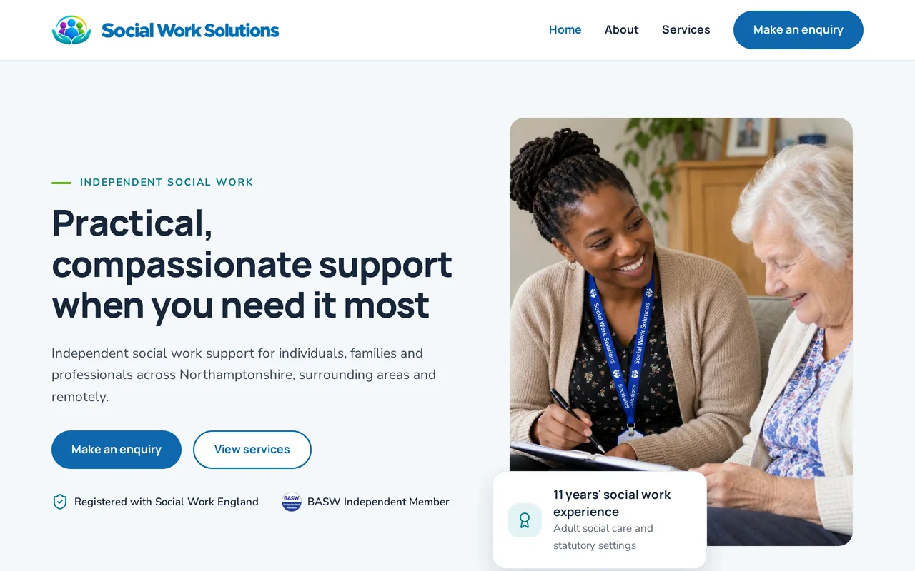 Screenshot of the Social Work Solutions Ltd homepage with its introductory text and illustration
