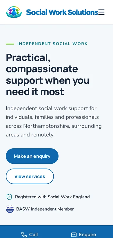 Screenshot of the Social Work Solutions Ltd homepage on a phone
