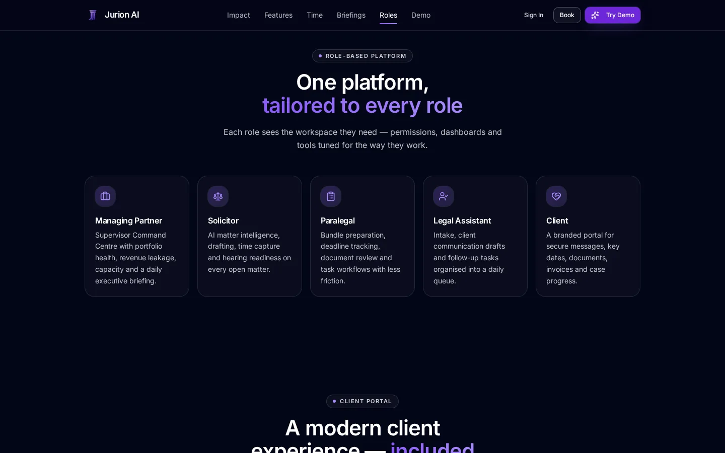 Jurion role workspaces for managing partners, solicitors, paralegals, legal assistants and clients.