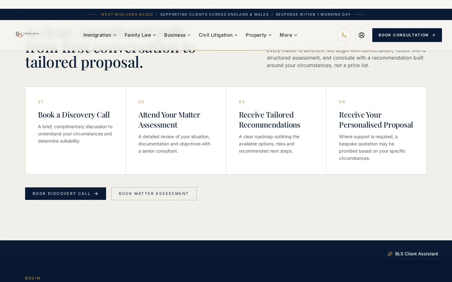 The Boadu Legal Services how-we-work section, which mirrors the firm's actual client engagement path.