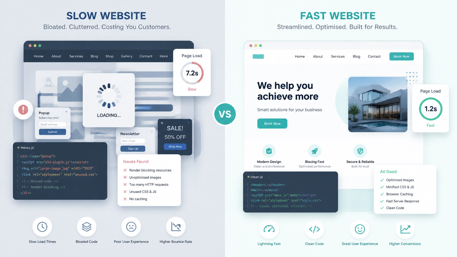 Split-screen image showing a bloated, slow-loading website with messy code on one side and a streamlined, fast-loading website with a clear 'Book Now' button on the other.