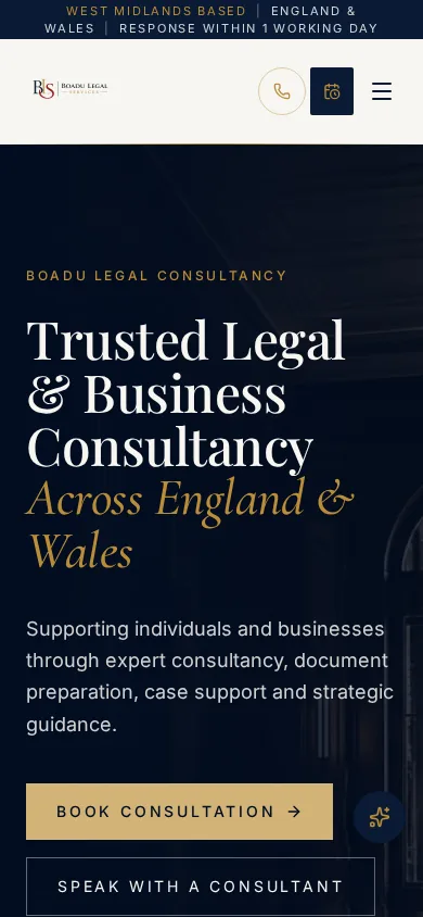 The Boadu Legal Services mobile homepage.