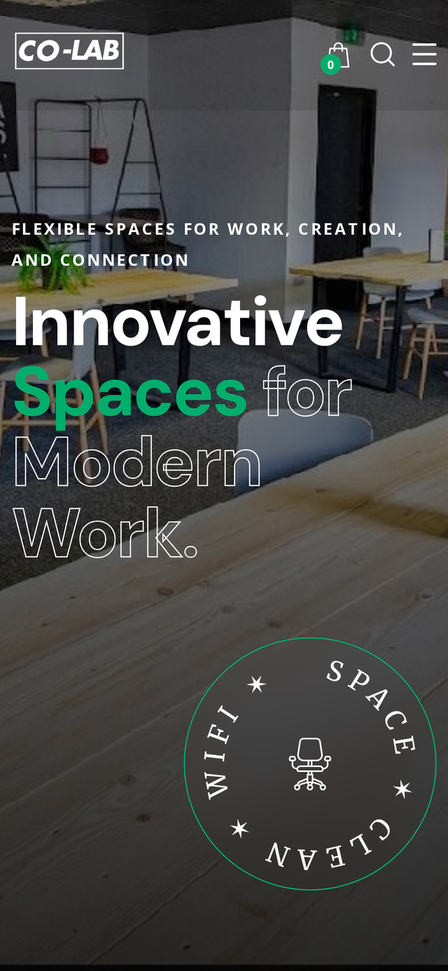 Mobile view of the Co-Lab Creative Space (Coworking & Events) website, showing the responsive layout