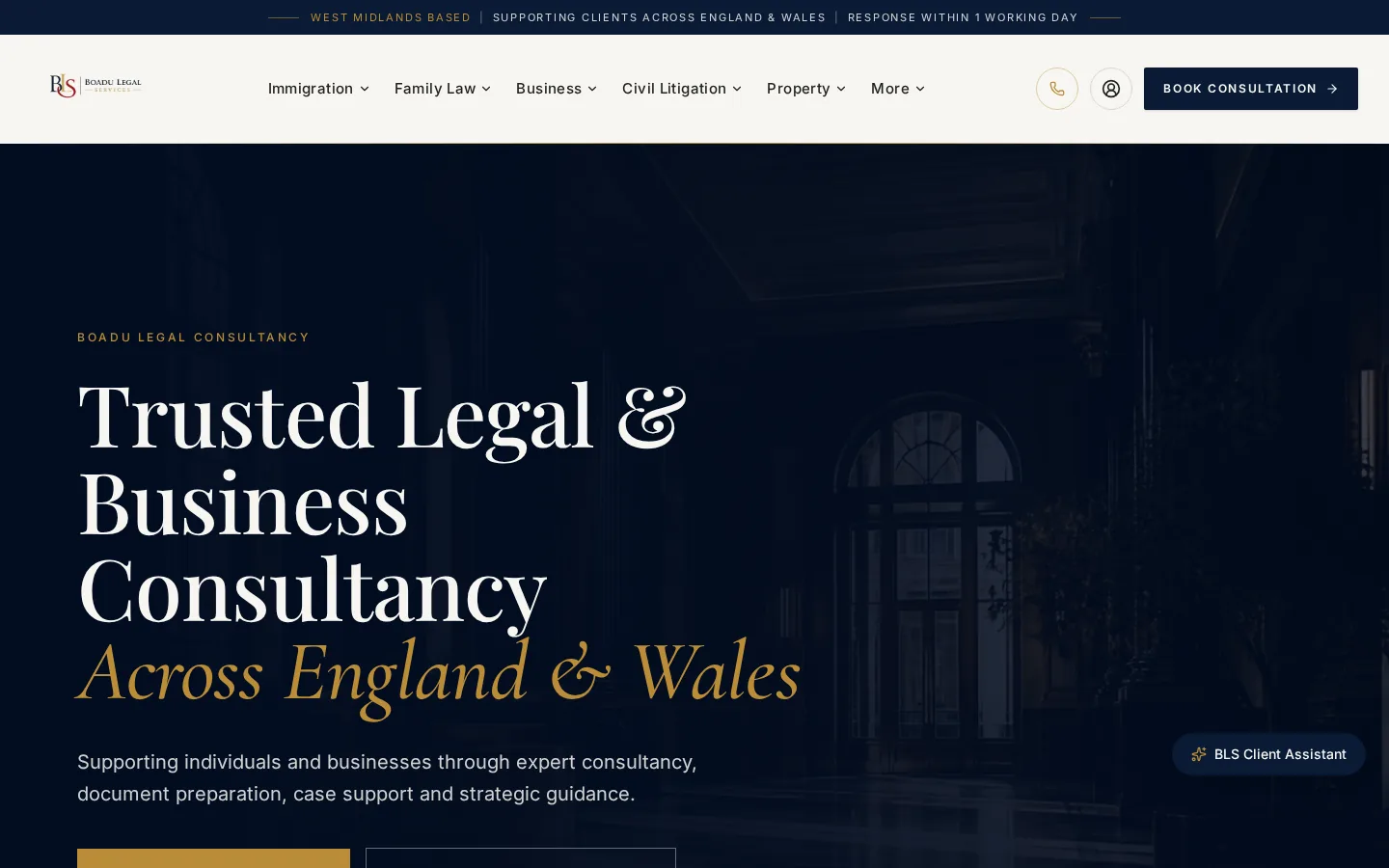 The Boadu Legal Services hero, with the brand system applied end to end.
