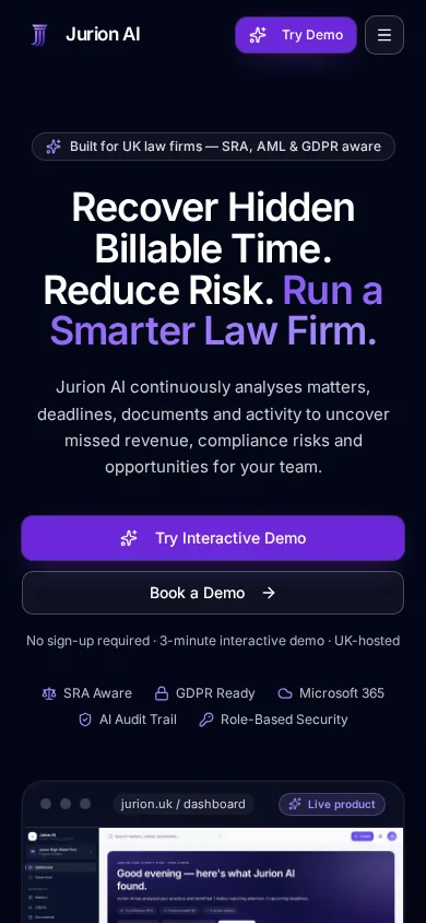 The Jurion mobile landing page.