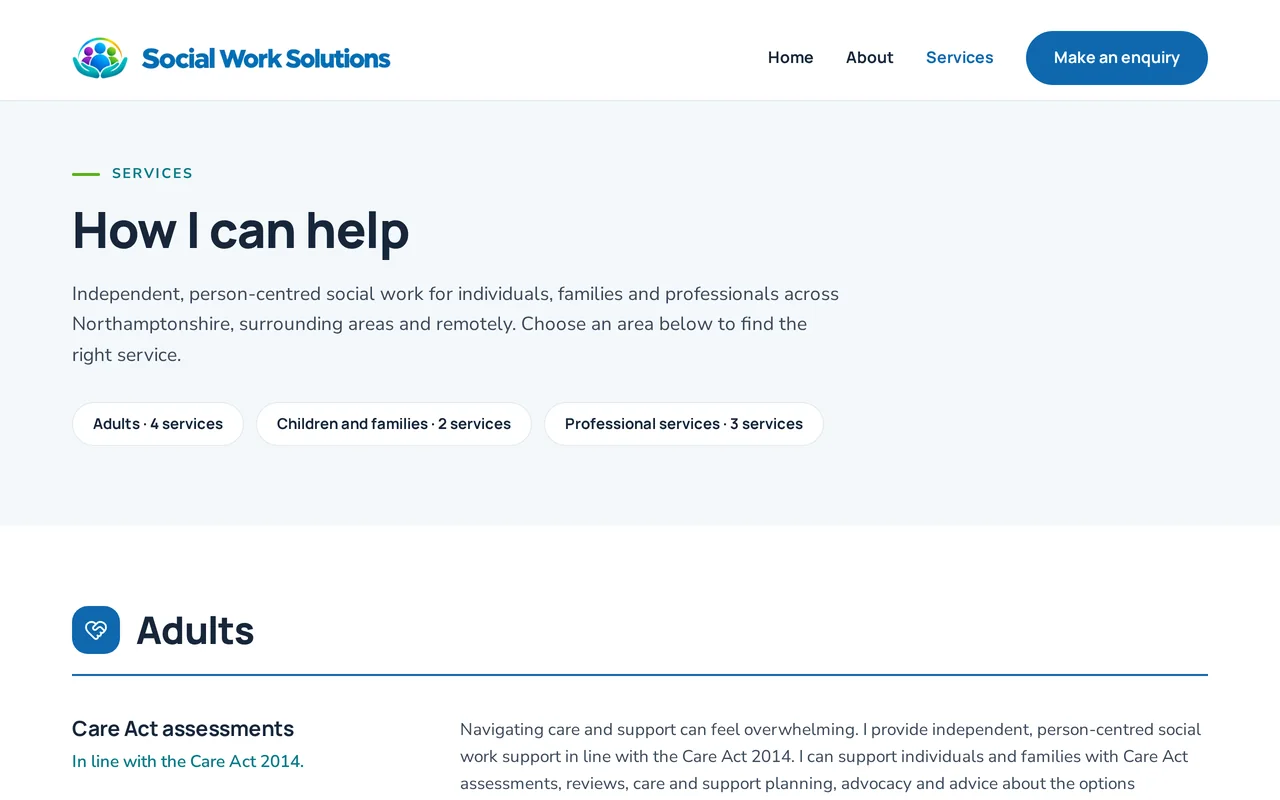 Screenshot of the services page with three service groups and the Adults section