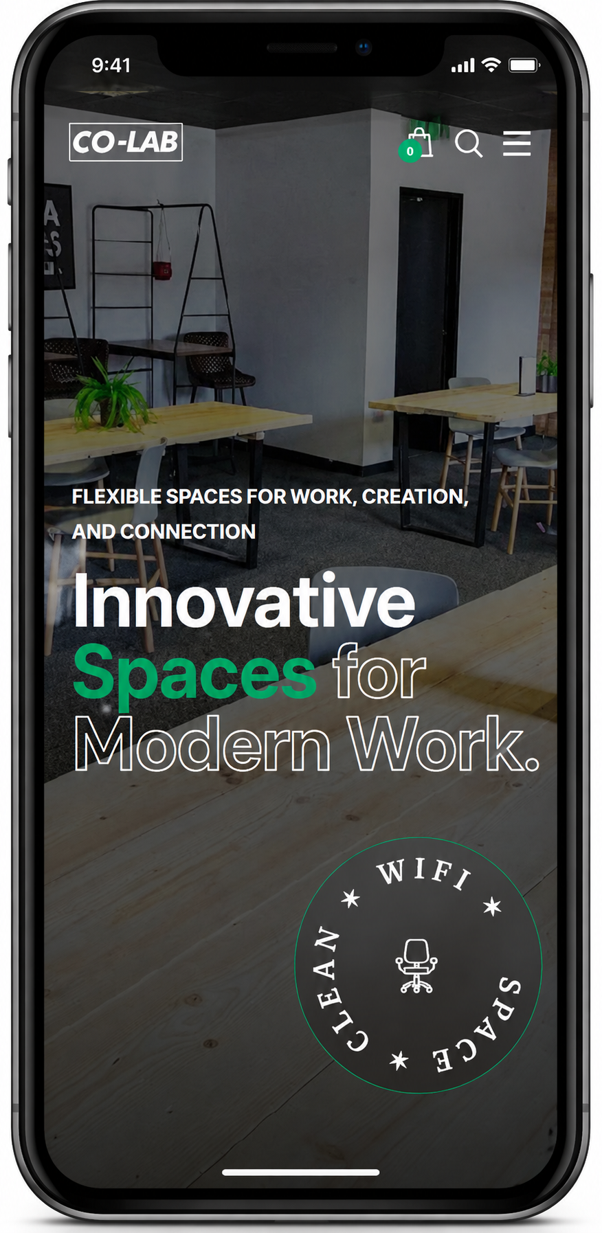 Co-Lab Creative Space website mobile view